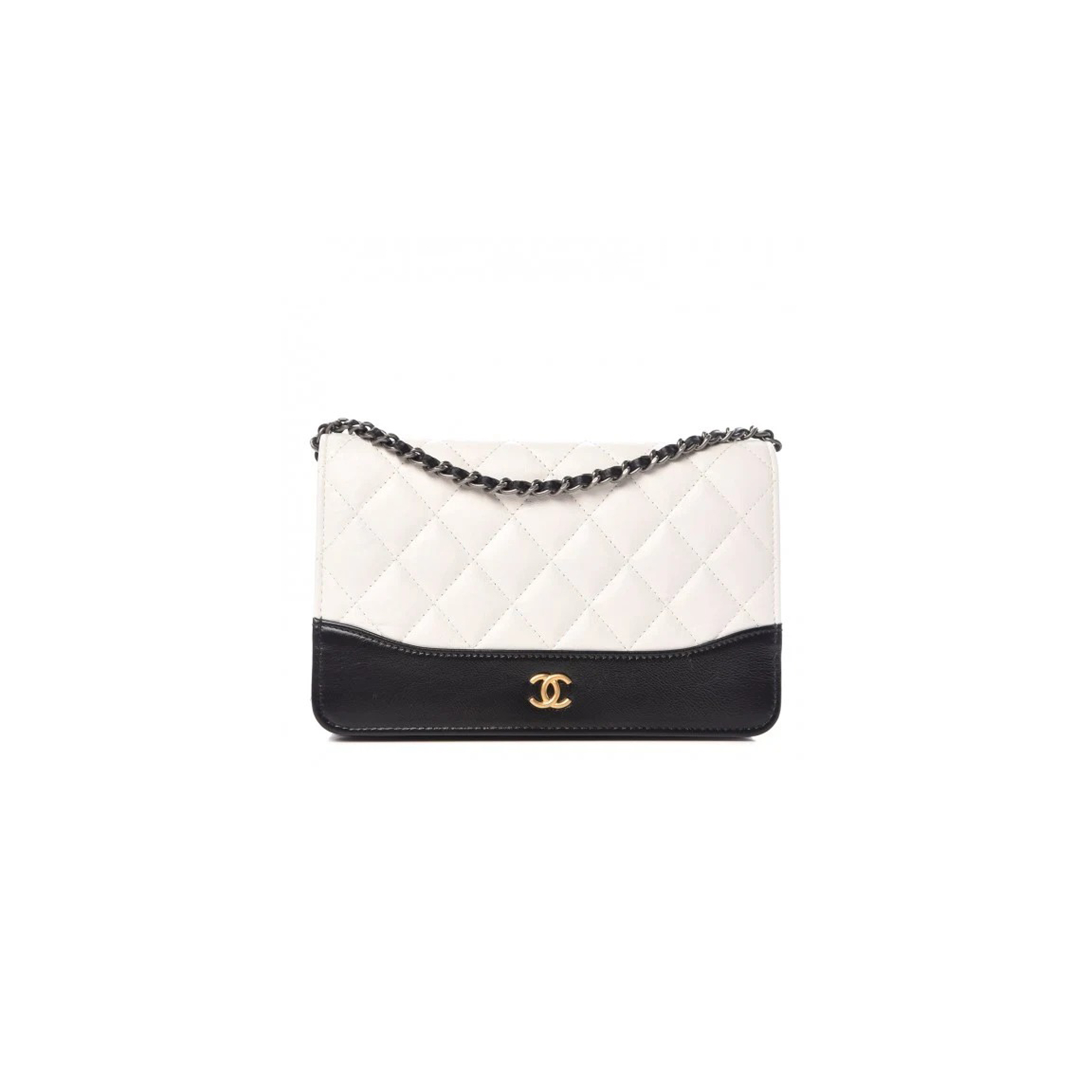 CHANEL AGED CALFSKIN QUILTED GABRIELLE WALLET ON CHAIN WOC WHITE BLACK A84389 (19*13*4cm)